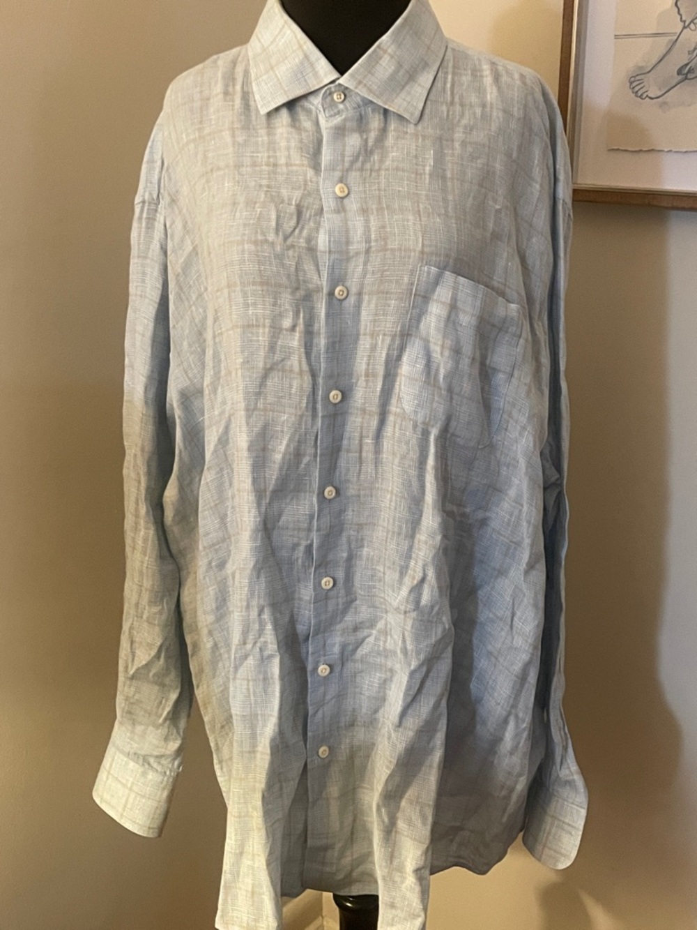 Peter Millar | Light Blue/plaid Crown Cool 100% linen Button-Down Shirt-Size XXL